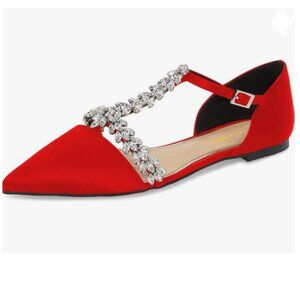 XYD Red Rhinestone T-Strap Pointy Toe D'Orsay Ankle Strap Wedding Dress Sandal